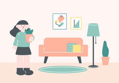 Cozy living room A woman is standing with a flowerpot. flat design style vector illustration.のイラスト素材