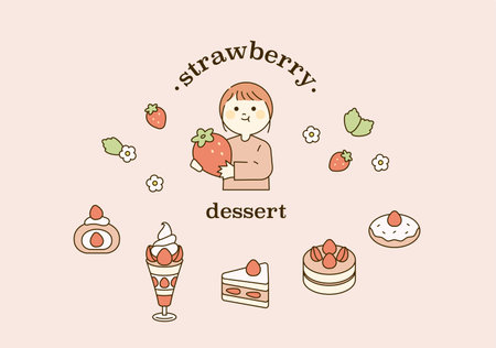 Cute character holding strawberry and strawberry dessert. outline simple vector illustration.のイラスト素材
