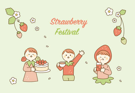 Strawberry Festival poster. Cute characters holding strawberry dessert. outline simple vector illustration.のイラスト素材