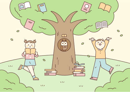 Cute children are studying in front of a big tree. A book is hanging on the tree. flat design style vector illustration.のイラスト素材