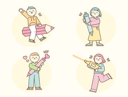 Cute children are holding big pencils. flat design style vector illustration.のイラスト素材