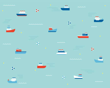 Boats with simple designs are floating in the emerald-colored sea. Simple pattern design template.のイラスト素材