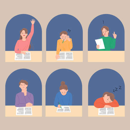 People are taking exams in their respective sections. flat design style vector illustration.のイラスト素材