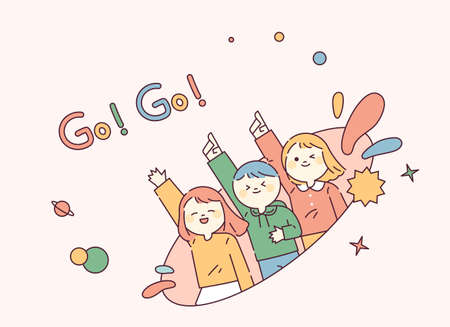People are raising their fingers and shouting Go!Go! Cute characters with happy faces. outline simple vector illustration.のイラスト素材