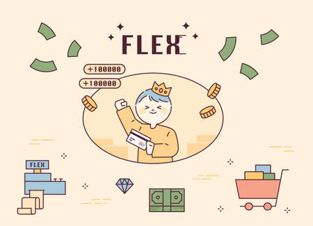 The customer is the king. A man in a crown is throwing money in the air. outline simple vector illustration.のイラスト素材