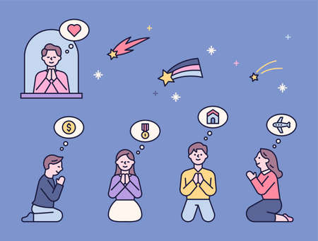 People are kneeling, holding hands and making a wish. flat design style vector illustration.のイラスト素材