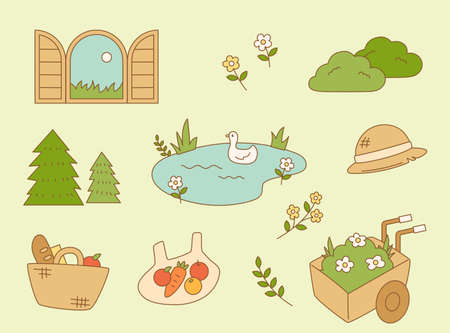 Fresh rural garden objects. flat design style vector illustration.のイラスト素材