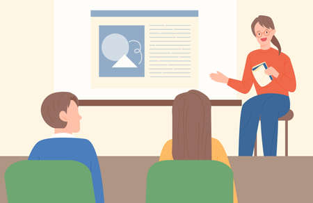 The teacher points to the screen and explains. Back view of sitting people. flat design style vector illustration.のイラスト素材
