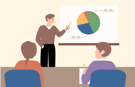 A man is speaking while pointing to a graph on the screen. People are sitting at the table and listening. flat design style vector illustration.のイラスト素材