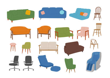 Different types of home interior furniture chairs. flat design style vector illustration.のイラスト素材