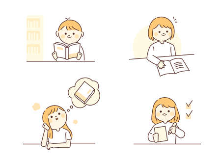 Cute children sitting at the desk and studying. outline simple vector illustration.のイラスト素材