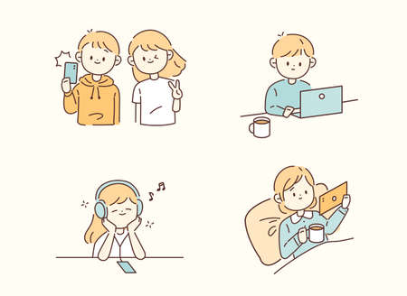 Cute children lifestyle. outline simple vector illustration.のイラスト素材