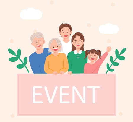 Grandfather, grandmother, father, mother and daughter are smiling happily. flat design style vector illustration.のイラスト素材