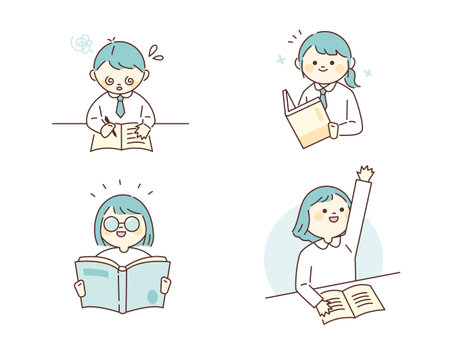 A character with a round face. Smart students are sitting at their desks and studying. outline simple vector illustration.のイラスト素材