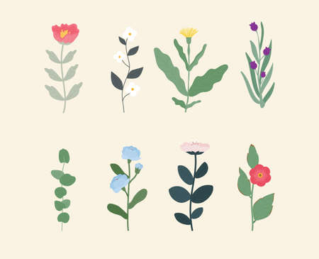 Several types of flowers. There are many leaves hanging from the flower stem. flat design style vector illustration.のイラスト素材