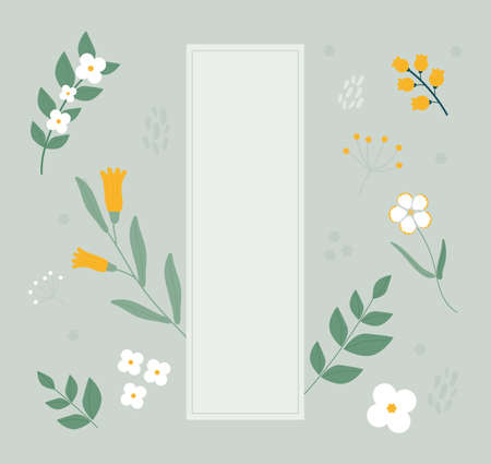 There is a horizontal frame and flowers are decorated around it. flat design style vector illustration.のイラスト素材