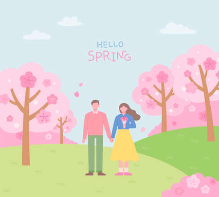 A man and a woman are standing holding hands. Park background with cherry blossoms. flat design style vector illustration.のイラスト素材