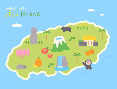 Jeju Island map and iconic icons. flat design style vector illustration.のイラスト素材