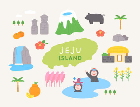 A collection of icons that symbolize Jeju Island. flat design style vector illustration.のイラスト素材