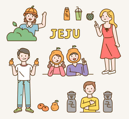 People promoting tangerines, a local specialty of Jeju island. flat design style vector illustration.のイラスト素材