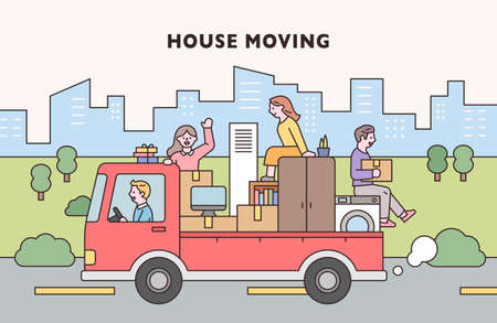 People are driving down the road with their luggage in trucks. moving day. flat design style vector illustration.のイラスト素材