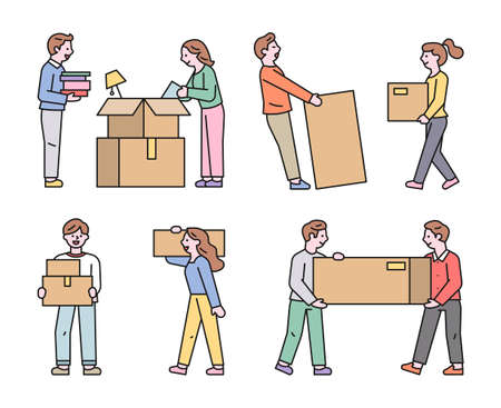 moving day. People packing and moving things. flat design style vector illustration.のイラスト素材