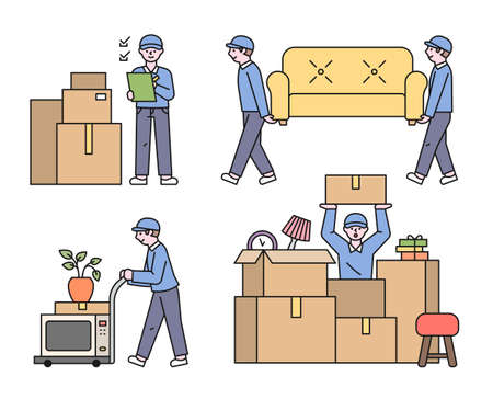 moving day. Moving company employees are moving boxes and furniture. flat design style vector illustration.のイラスト素材