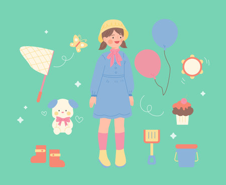 Cute little girl in a hat and a skirt. She has cute toys around her.のイラスト素材