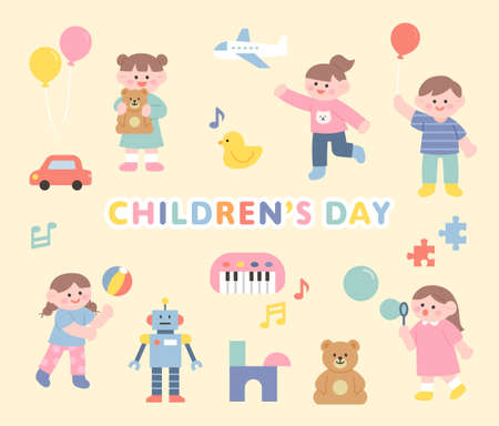 Children's Day Children are having fun with toys. flat design style vector illustration.のイラスト素材