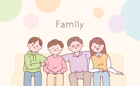 Family sitting together on the sofa. Older parents and grown children. outline simple vector illustration.のイラスト素材