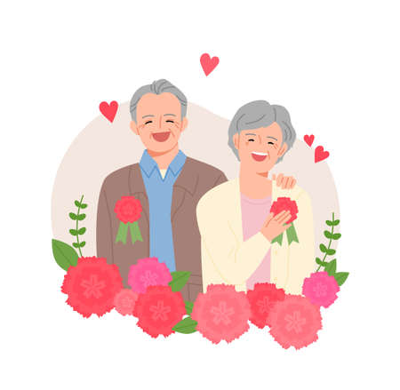 Senior parents wearing carnation brooches and smiling happily.のイラスト素材