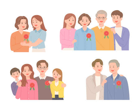 Son and daughter attach carnation brooches to father and mother's chest on Parents' Day.のイラスト素材