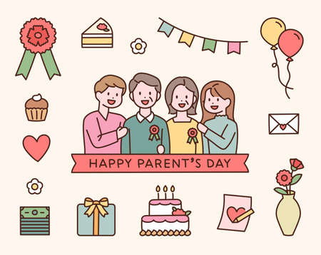 Family celebrating parents day. Thank you gift icons collection. flat design style vector illustration.のイラスト素材