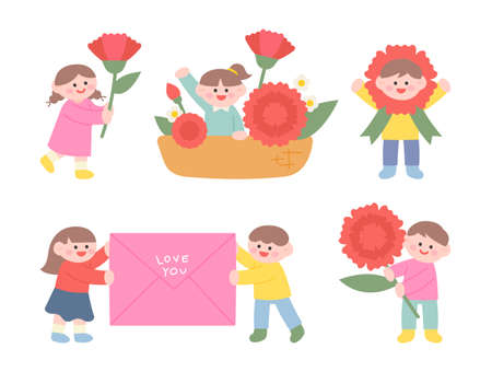 Cute children holding giant carnation flowers and giving a thank you message. flat design style vector illustration.のイラスト素材