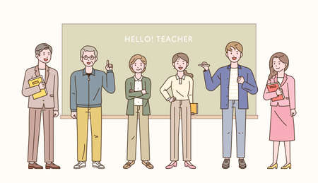 Several teachers stand in front of the blackboard and teach. flat design style vector illustration.のイラスト素材