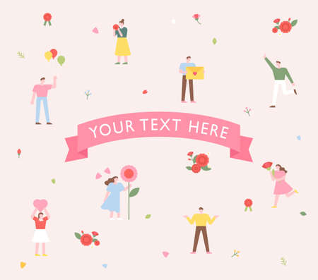 Many people are holding flowers and are happy. Small simple icon pattern style vector illustration.のイラスト素材