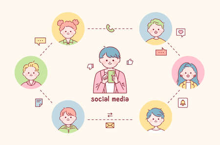 A man is using a cell phone. His surroundings consist of the faces of his friends.のイラスト素材