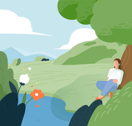 A woman is sitting and resting under the shade of a tree in nature. simple background.のイラスト素材