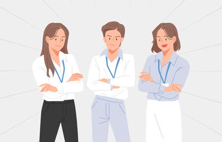 Business women with employee IDs around their necks are standing in a confident pose and looking straight ahead.のイラスト素材