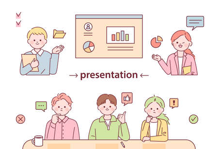 Business characters giving presentations while looking at graphic charts. Reactions of business partners.のイラスト素材
