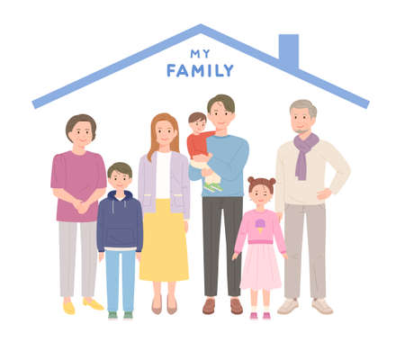Happy big family. Three generations stand together. flat design style vector illustration.のイラスト素材
