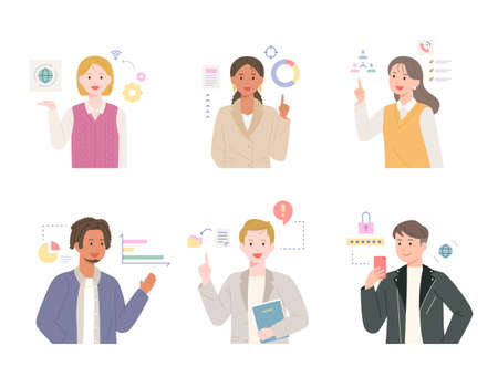 People are pointing at the graph and talking. flat design style vector illustration.のイラスト素材