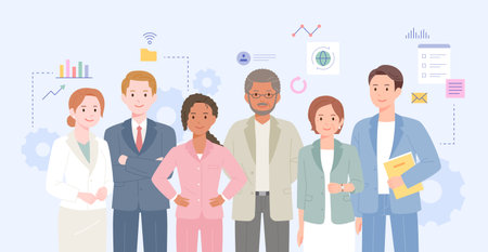 Business people are standing in a confident pose. Graph icons are decorated around it.のイラスト素材