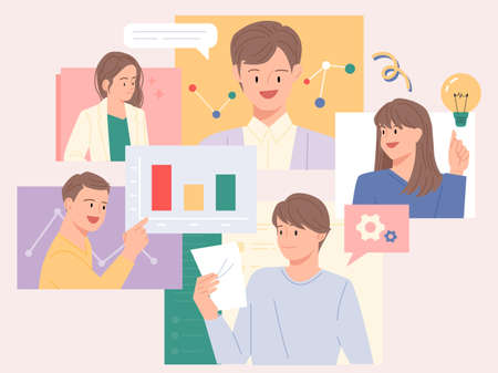 Business professionals having online video meeting while viewing data. flat design style vector illustration.のイラスト素材