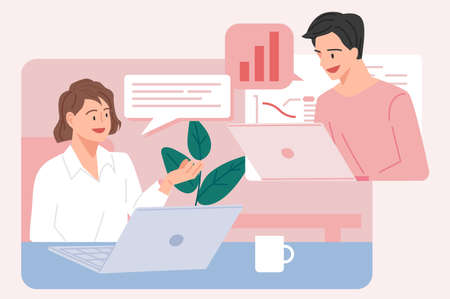 Two business partners are having a video meeting and talking on a laptop. flat design style vector illustration.のイラスト素材