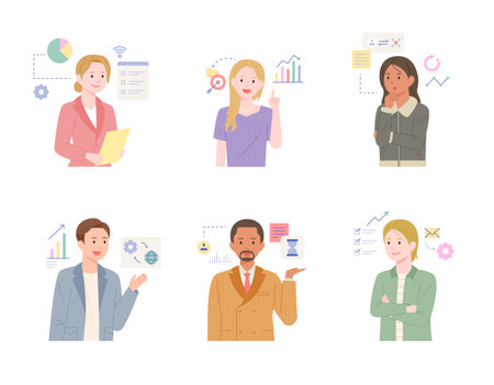 Business professionals are analyzing and explaining data. flat design style vector illustration.のイラスト素材