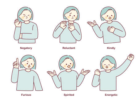 Cute short-haired girl is making various emotional expression gestures. flat design style vector illustration.のイラスト素材