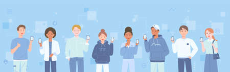 social network. People standing with mobile phones. flat design style vector illustration.のイラスト素材