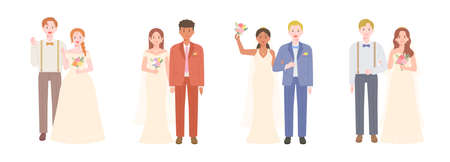 Collection of characters of the bride and groom of different races in wedding dresses.のイラスト素材