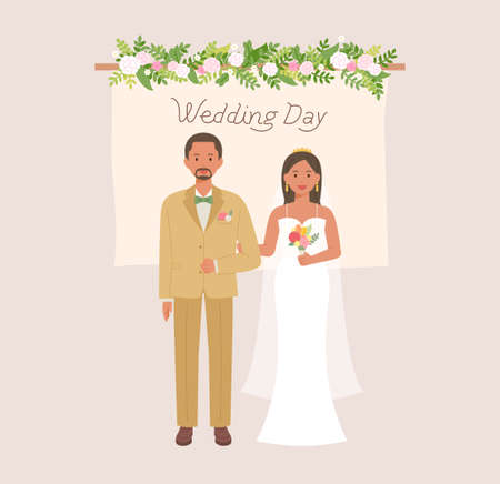 Bride and groom characters standing in front of a card decorated with flowers.のイラスト素材